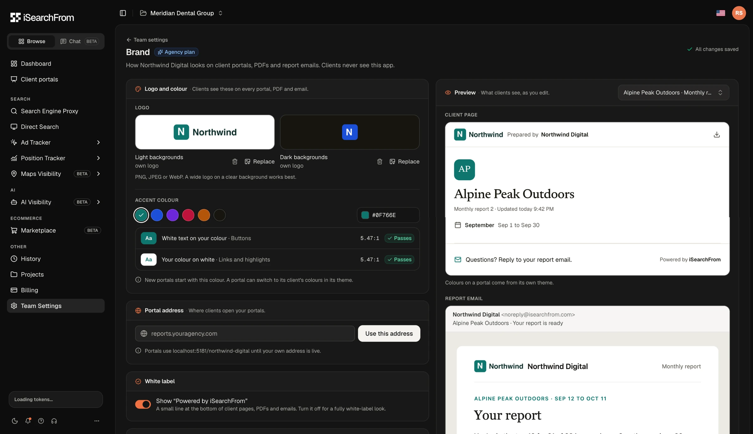 Brand settings with a live preview of the client page and the report email.