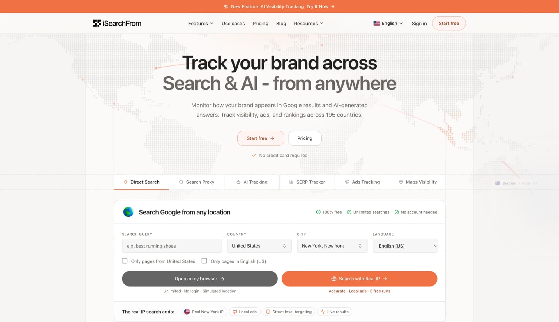 Today: free Direct Search is the first thing on isearchfrom.com, with the paid real-IP search one click away.