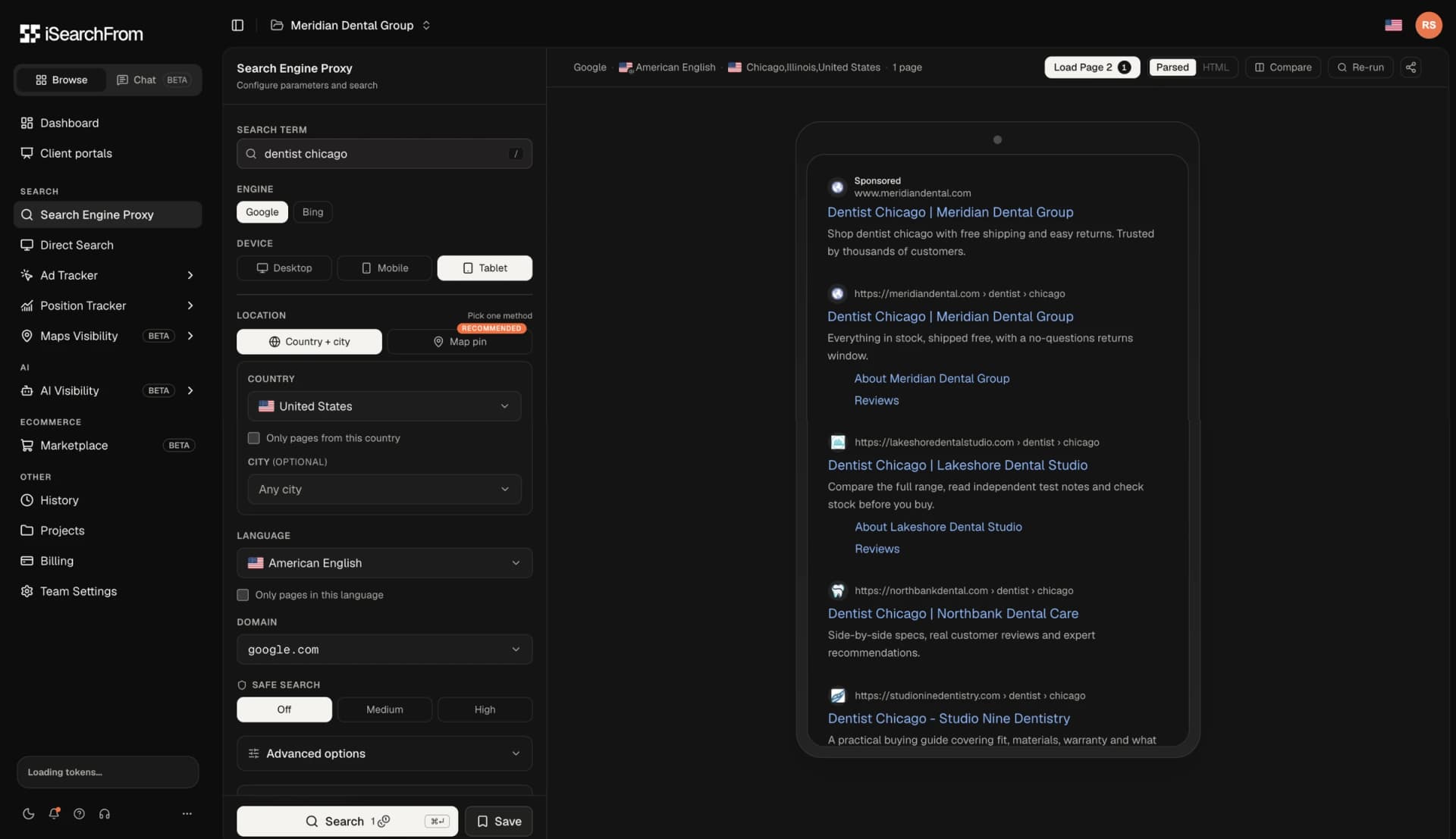 Shipped: settings rail on the left, the live result in the device frame it was searched from.