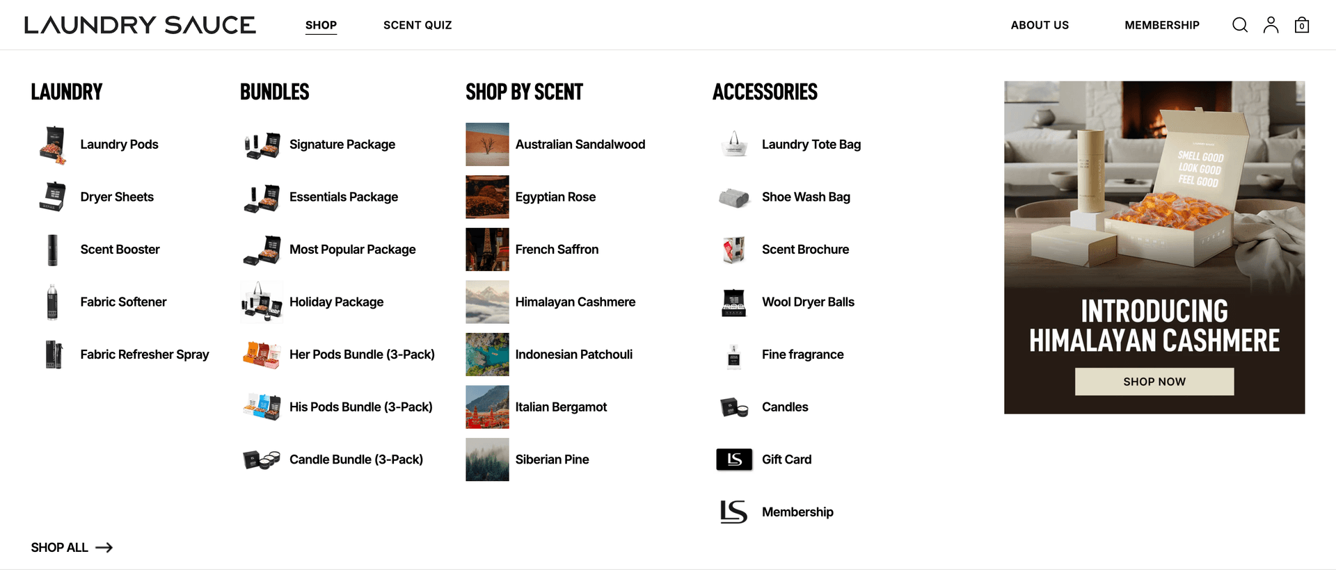 The dynamic mega-menu brings scent discovery directly into the navigation.
